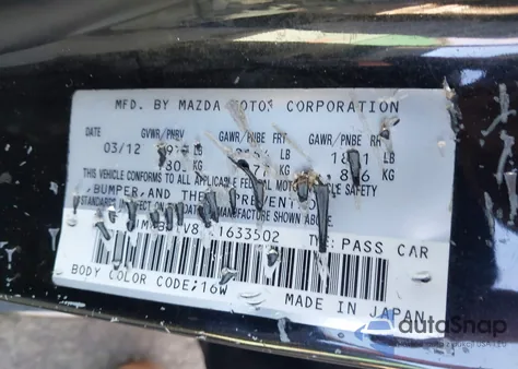 2012 Mazda Mazda3 I Touring z USA, uszkodzony, nr VIN JM1BL1V85C1633502